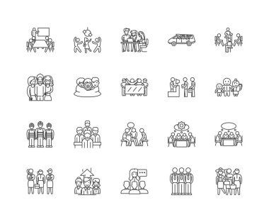 Kalabalık çizgi simgeleri, işaretler, vektör seti, anahat illüstrasyon kavramı 