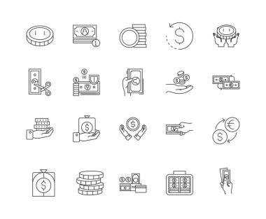 Para birimi çizgi simgeleri, işaretler, vektör seti, anahat çizim i 
