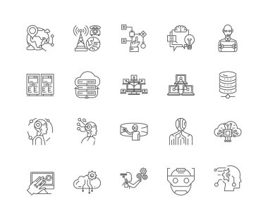 Veri bilimi çizgi simgeleri, işaretler, vektör seti, anahat illüstrasyon kavramı 