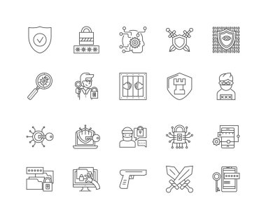 Savunma çizgisi simgeleri, işaretler, vektör seti, anahat çizim konsepti 