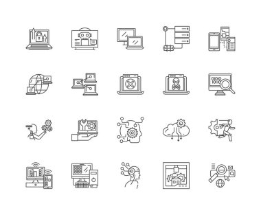 Dijital teknoloji hizmetleri hattı simgeleri, işaretler, vektör seti, anahat illüstrasyon kavramı 