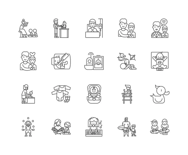 Iconos de línea de la agencia de cuidado infantil, signos, conjunto de vectores, esquema concepto de ilustración — Archivo Imágenes Vectoriales