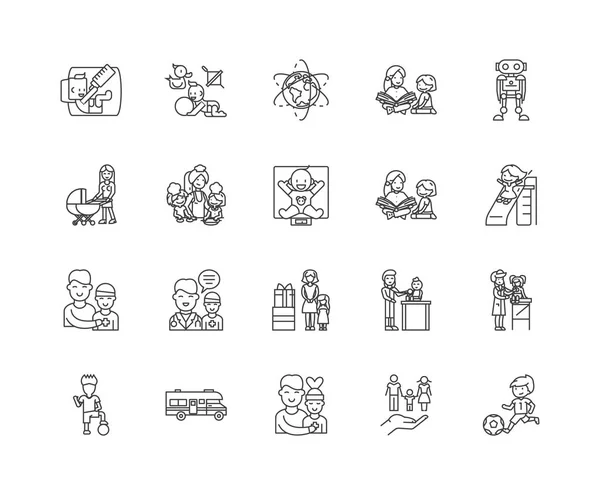 Iconos de línea de servicios de cuidado infantil, signos, conjunto de vectores, esquema concepto de ilustración — Archivo Imágenes Vectoriales