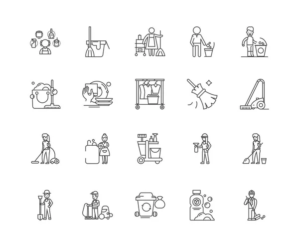 Schoonmaakbedrijf lijn iconen, tekenen, vector set, omtrek illustratie concept — Stockvector