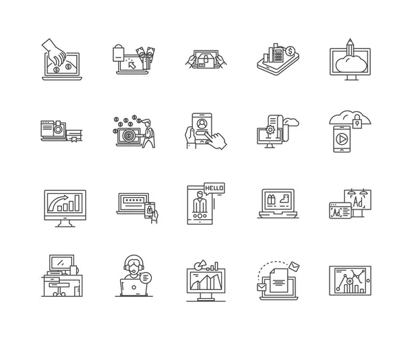 Computer icone della linea di business, segni, set vettoriale, concetto di illustrazione contorno — Vettoriale Stock