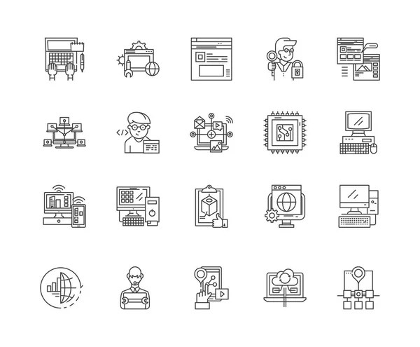 Linea di programmazione del computer icone, segni, insieme vettoriale, concetto di illustrazione contorno — Vettoriale Stock