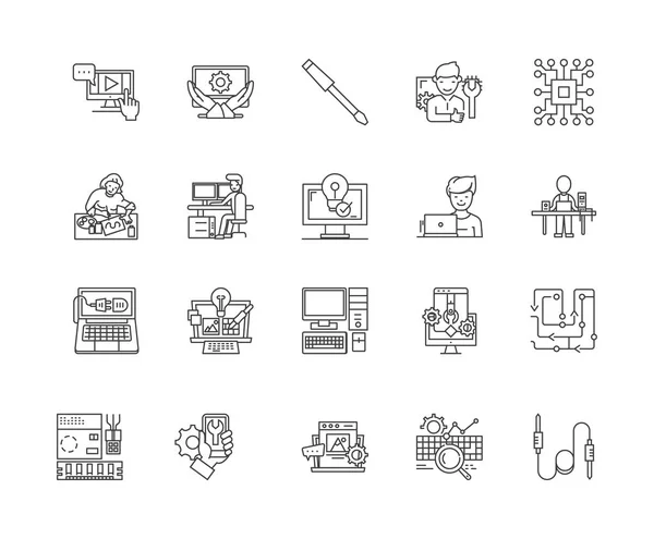 Icônes de ligne de réparation d'ordinateur, signes, ensemble vectoriel, schéma illustration concept — Image vectorielle