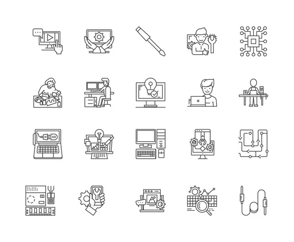 Ícones de linha de reparo de computador, sinais, conjunto de vetores, conceito de ilustração de contorno —  Vetores de Stock