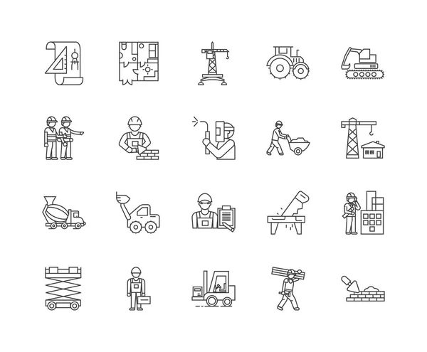 Iconos de línea de trabajador de la construcción, signos, conjunto de vectores, esquema concepto de ilustración — Vector de stock