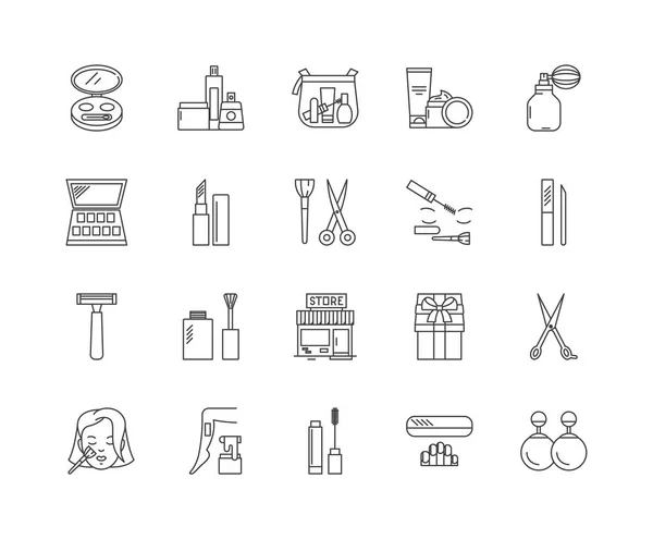Iconos de línea de tienda de cosméticos, signos, conjunto de vectores, esquema concepto de ilustración — Vector de stock