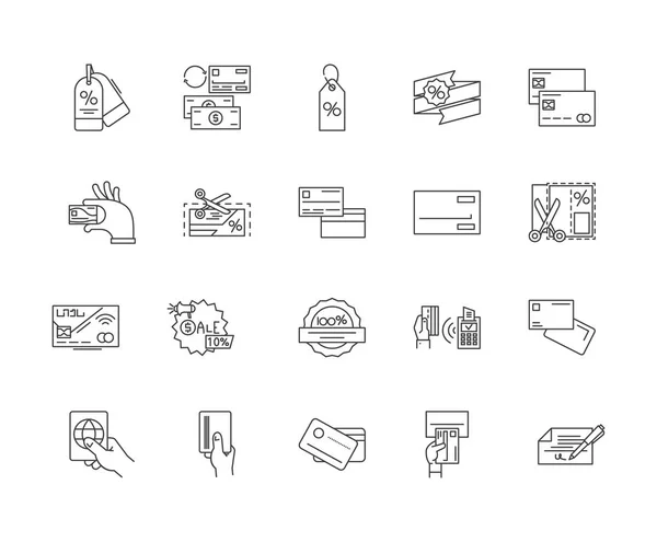 Tarjetas de crédito y descuento iconos de línea, signos, conjunto de vectores, esquema concepto de ilustración — Archivo Imágenes Vectoriales