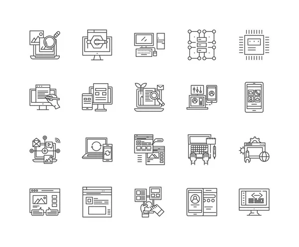 Gegevensanalyse lijn iconen, borden, vectorset, omtrek illustratie concept — Stockvector