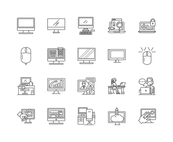 Icônes de ligne ordinateur de bureau, signes, ensemble vectoriel, concept d'illustration de contour — Image vectorielle