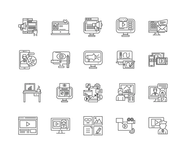 Linea multimediale digitale icone, segni, set vettoriale, schema concetto di illustrazione — Vettoriale Stock