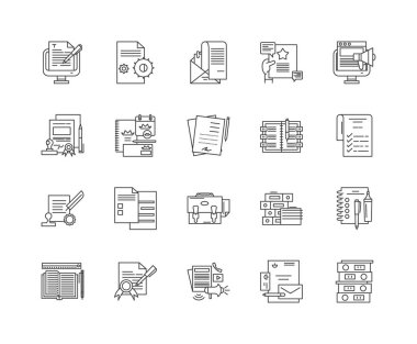Belgeler satır simgeleri, işaretler, vektör seti, anahat çizim kavramı 