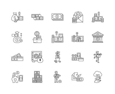 Dolar çizgi simgeleri, işaretler, vektör seti, anahat illüstrasyon kavramı 