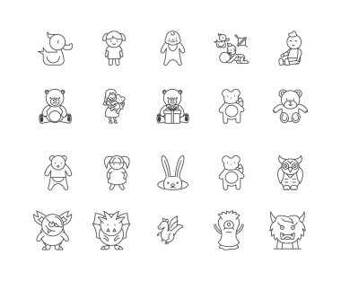 Bebekler ve doldurulmuş oyuncaklar çizgi simgeleri, işaretler, vektör seti, anahat illüstrasyon kavramı 