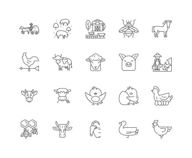 Evcil çiftlik hayvanları çizgi simgeleri, işaretler, vektör seti, anahat illüstrasyon kavramı 