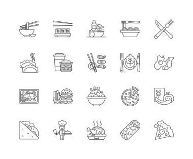 Yeme çizgi simgeleri, işaretler, vektör seti, anahat illüstrasyon kavramı 