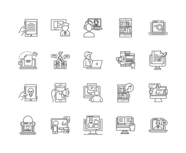 Ebook okuma satırı simgeleri, işaretler, vektör seti, anahat illüstrasyon kavramı 