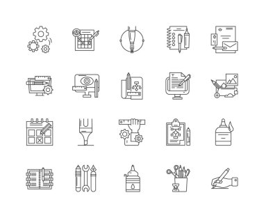 Hizmet satır simgelerini, işaretleri, vektör kümesini, anahat çizim konseptini düzenleme 