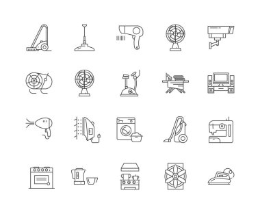 Elektrikli ev eşyaları çizgi simgeleri, işaretler, vektör seti, anahat illüstrasyon kavramı 