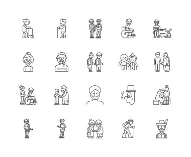 Yaşlı insanlar satır simgeleri, işaretler, vektör seti, anahat illüstrasyon kavramı 