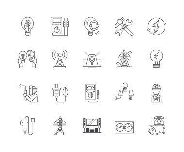 Elektrik hizmetleri hattı simgeleri, işaretler, vektör seti, anahat illüstrasyon kavramı 