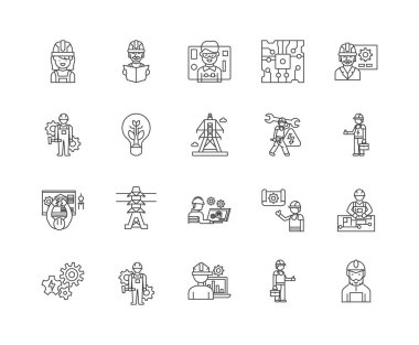 Elektrikçi çizgi simgeleri, işaretler, vektör seti, anahat illüstrasyon kavramı 