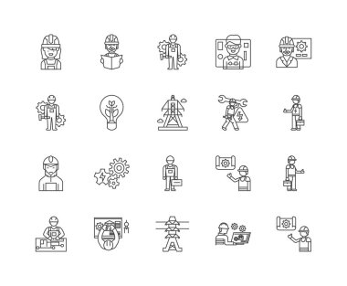 Elektrikçiler çizgi simgeleri, işaretler, vektör seti, anahat illüstrasyon kavramı 