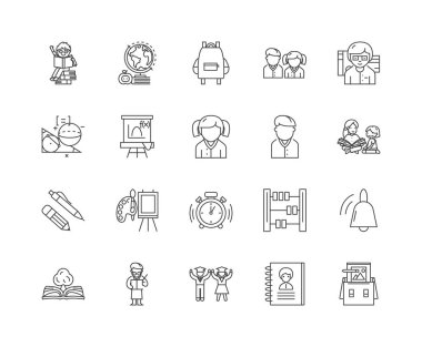 İlkokul çizgi simgeleri, işaretler, vektör seti, anahat illüstrasyon kavramı 