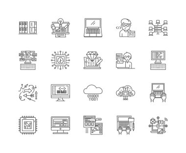 Şifrelemeler satır simgeleri, işaretler, vektör seti, anahat illüstrasyon kavramı 
