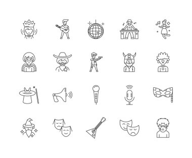 Entertainer çizgi simgeleri, işaretler, vektör seti, anahat illüstrasyon kavramı 