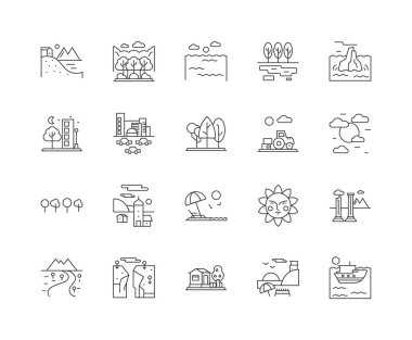 Çevresel çizgi simgeleri, işaretler, vektör seti, anahat illüstrasyon kavramı 