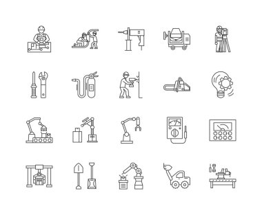 Ekipman çizgi simgeleri, işaretler, vektör seti, anahat illüstrasyon kavramı 