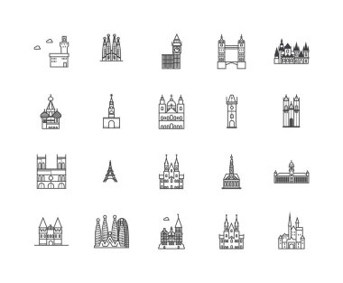 Avrupa çizgi simgeleri, işaretler, vektör seti, anahat illüstrasyon kavramı 