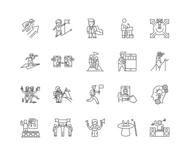 Olay düzenleyici çizgi simgeleri, işaretler, vektör seti, anahat illüstrasyon kavramı 