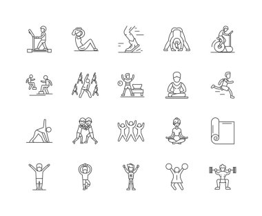 Egzersiz ve fitness çizgisi simgeleri, işaretler, vektör seti, anahat illüstrasyon kavramı 