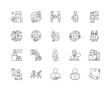 Dışa aktarma aracıları satır simgeleri, işaretler, vektör seti, anahat çizim kavramı 