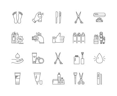 Yüz, manikür ve pedikür çizgi simgeleri, işaretler, vektör seti, anahat illüstrasyon kavramı 