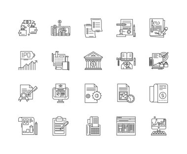 Finansal temel çizgi simgeleri, işaretler, vektör seti, anahat illüstrasyon kavramı 