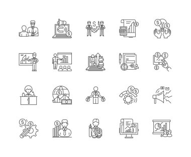 Finansal ilişkiler çizgi simgeleri, işaretler, vektör seti, anahat illüstrasyon kavramı 