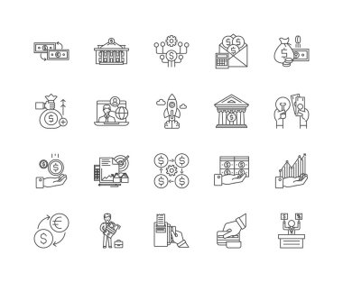 Finansal hizmetler çizgi simgeleri, işaretler, vektör seti, anahat illüstrasyon kavramı 