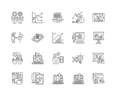 Finansal strateji çizgisi simgeleri, işaretler, vektör seti, anahat illüstrasyon kavramı 