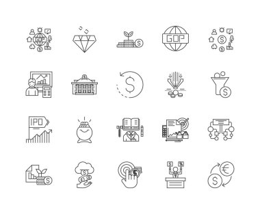 Fintech çizgi simgeleri, işaretler, vektör seti, anahat illüstrasyon kavramı 