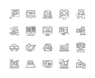 Güvenlik duvarı çizgi simgeleri, işaretler, vektör seti, anahat çizim i 