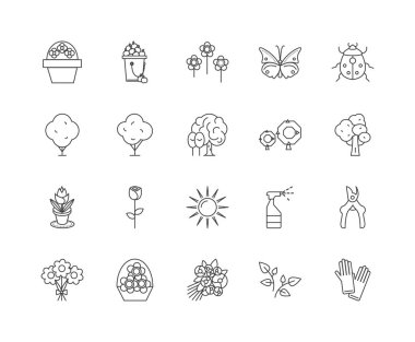 Çiçek bahçe hattı simgeleri, işaretler, vektör seti, anahat illüstrasyon kavramı 