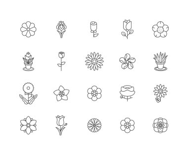 Çiçek çizgisi simgeleri, işaretler, vektör seti, anahat illüstrasyon kavramı 