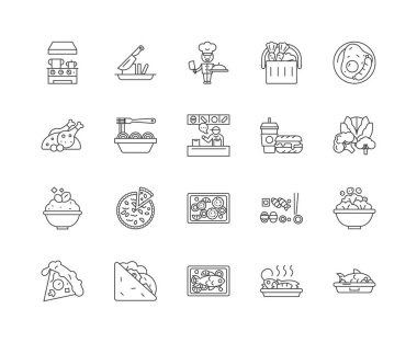 Gıda ve yemek hattı simgeleri, işaretler, vektör seti, anahat illüstrasyon kavramı 