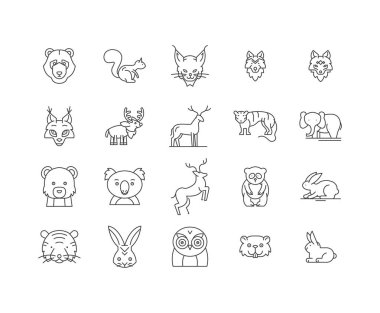 Orman hayvanları çizgi simgeleri, işaretler, vektör seti, anahat illüstrasyon kavramı 